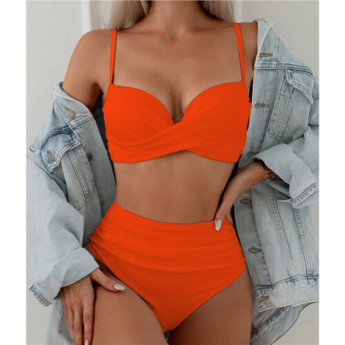 Women'S 2 Piece Bikini Set Spaghetti Strap High Cut Push  Underwire Swimsuit Orange S 1