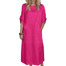 Womens Loose Fit Casual Solid Color Short Sleeve Linen Blend Midi Dress Summer Rose Red XL