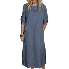 Womens Loose Fit Casual Solid Color Short Sleeve Linen Blend Midi Dress Summer Gray XXL