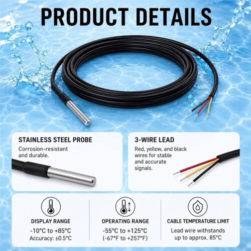 5Pcs DS18B20 Temperature Sensor 2 M, Waterproof Digital DS18B20 Sensors, for /Raspberry Pi/ESP32, ESP8266 1