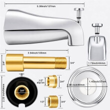 5.3" Chrome Bathtub Spout with Diverter, All-Metal Replacement Kit 3.94" Solid Brass Pipe, Brass Adapters and Cover