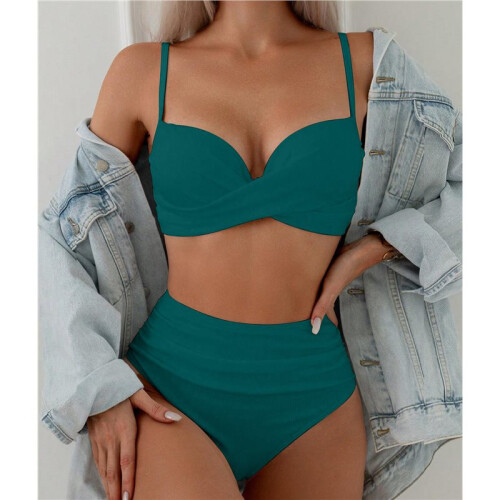Women'S 2 Piece Bikini Set Spaghetti Strap High Cut Push  Underwire Swimsuit Green S 1