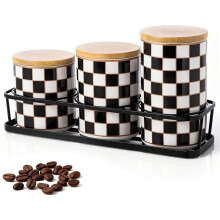 3 Pcs Black and White Checkered Kitchen Canister Set with Stand Small Ceramic Jars (17/19/27 Oz), Airtight Bamboo Lids