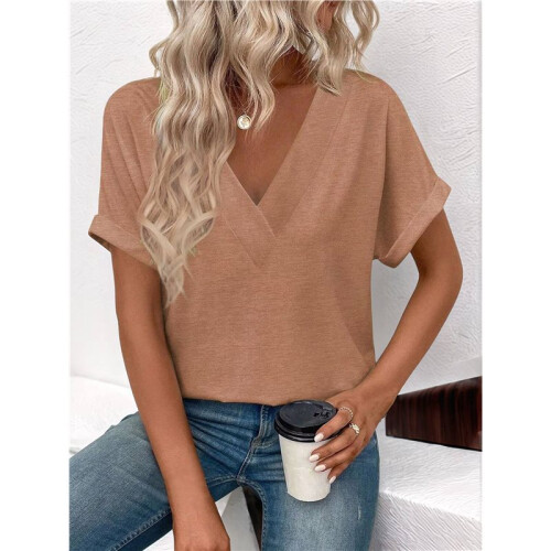 Womens  Size Loose Fit V Neck Solid Color Short Sleeve Tshirt Casual Basic Top Oversized Light Brown L 1