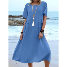 Womens Loose Fit Casual Linen Blend Solid Color Round Neck Short Sleeve Midi Dress Beach Royal S