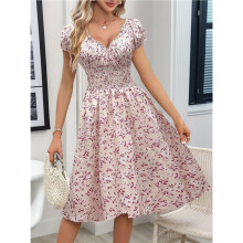 Women'S Summer Dresses V-Neck Smocked Floral Puff Short Sleeve Floral Party Dress S