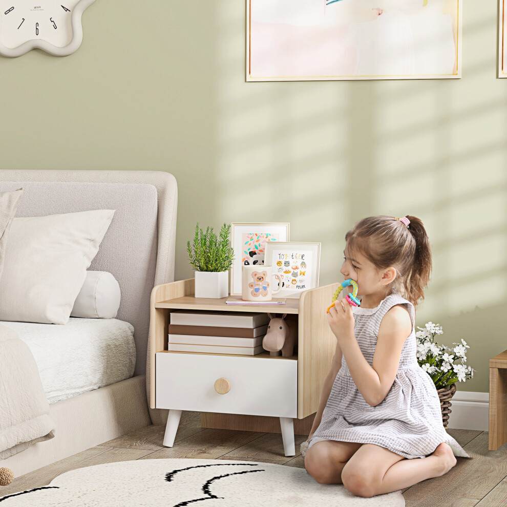 Aiyaplay Unisex Natural Kids Bedside Table With Drawer & Open Storage Shelf, White In - Image 3