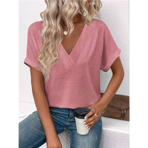 Womens  Size Loose Fit V Neck Solid Color Short Sleeve Tshirt Casual Basic Top Oversized  XXL 1