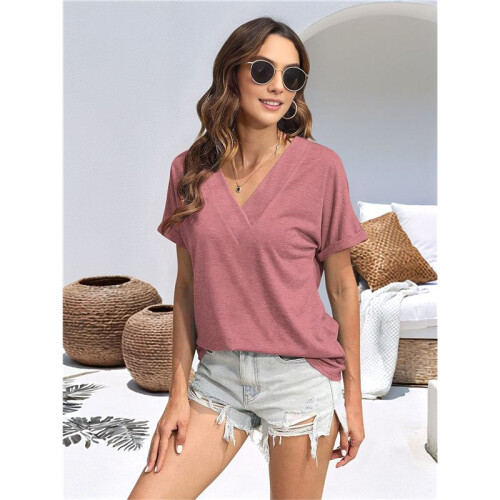 Womens  Size Loose Fit V Neck Solid Color Short Sleeve Tshirt Casual Basic Top Oversized  XXL 2