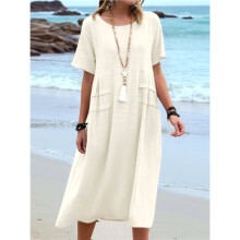 Womens Loose Fit Casual Linen Blend Solid Color Round Neck Short Sleeve Midi Dress Beach Khaki XL