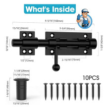 Slide Bolt Gate Hardware, Bolt , 6.3 Inch Solid 304 Stainless Steel Black Finish Lock for Wooden Fence
