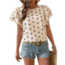 Damesblouses met Gelaagde Mouwen, Modieuze Ronde Hals, Bloemenprint, Boho, Losse Zomertop Abrikoos XXL