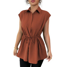 Damesblouses met Knoopsluiting, Casual Peplum Zomertopjes, Elegante Chiffon Werkblouse Bruin XXL