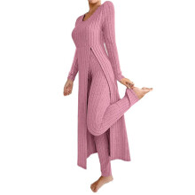 Elegantes Conjuntos de Punto de Dos Piezas para Mujer: Otoño, Moda Informal, Manga Larga, Cuello Redondo, Punto Acanalado Suave Rosa Roja M