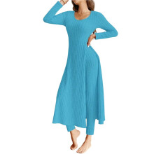 Elegantes Conjuntos de Punto de Dos Piezas para Mujer: Otoño, Moda Informal, Manga Larga, Cuello Redondo, Punto Acanalado Suave Azul Pavo Real XL