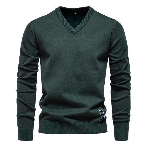 (Green,L)Minimalistischer Baumwollpullover mit V-Ausschnitt für junge Männer Herbstsaison mit Farbe einfarbig
