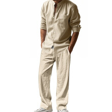 (Black,S)Herren Sommer Leinen Freizeit Outfit mit Langarm Hemd Wideleg Hose Mode