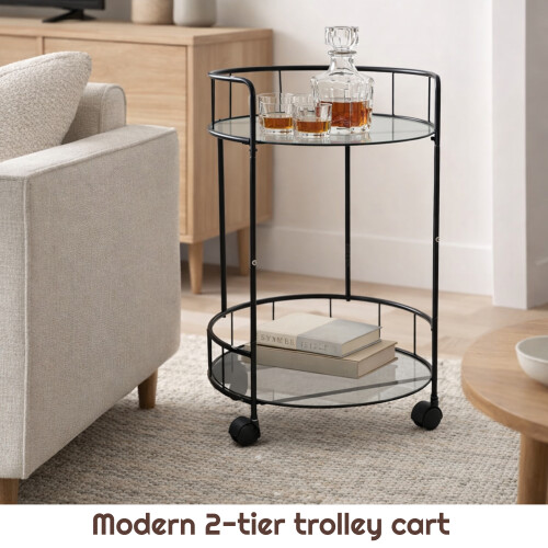 Black Drinks Trolley 2 Glass Shelves with Castors 2
