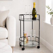 Black Drinks Trolley 2 Glass Shelves with Castors