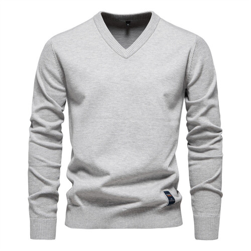 (LightGray,M)Minimalistischer Baumwollpullover mit V-Ausschnitt für junge Männer Herbstsaison mit Farbe einfarbig
