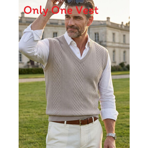 (Khaki,S)Men Sleeveless Knit Top With Polyester Fabric Fine Textured Pattern Spring Fall