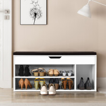 Schoenenbank schoenenkast schoenenrek met zitkussen hout 104 x 48 x 30 cm wit/natuurwit