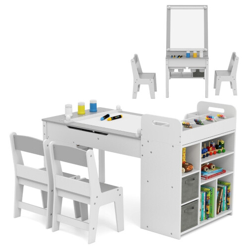 Kinderkunsttafelset met 2 stoelen, verstelbare ezel en opbergruimte