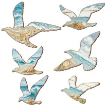 6 Pcs Wooden Ocean Bird Wall Decor, Nautical Coastal Hanging Sculpture with Hooks, Beach Bird Art Ornaments