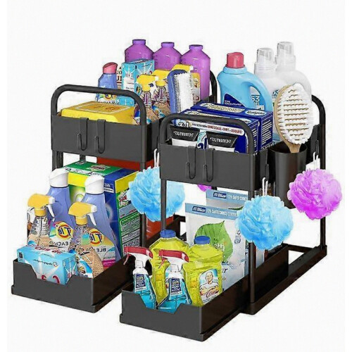 Two-layer kitchen storage rack with pull-out drawers, suitable for cabinet storage in kitchens and bathrooms. Black