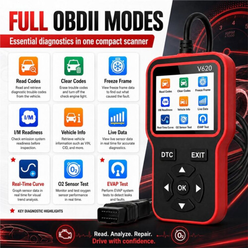 V620 OBD2 Car Scanner: Engine Fault Code Reader, Clear Codes, Battery Test Essential Auto Diagnostic Tool 2