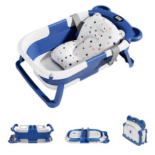 Opvouwbare babybadkuip, blauw, met thermometer en drijfkussen, draagbaar voor baby van 0 tot 36 maanden