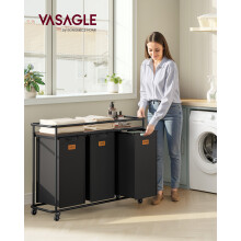 VASAGLE Wäschesortierer, 3 Fächer, 150 L Kapazität, mit Rollen und Ablage, Schwarz-Braun