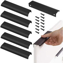 6 Pack Concealed Matte Black Cabinet Handles with 128mm Hole Distance, Aluminum Profile Integrated Pulls for Drawer and Cupboard Interior