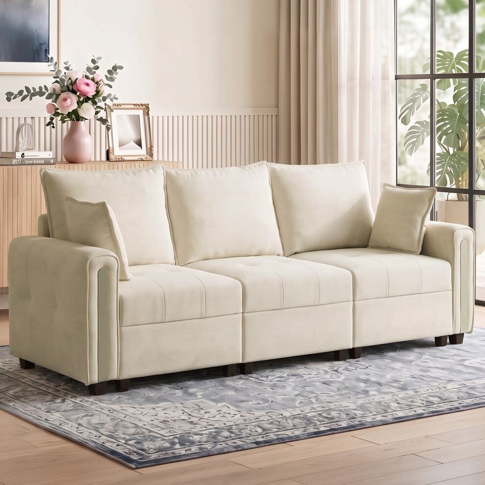 Homcom Beige 3 Seater Sofa With Lift-Up Storage, 228 Cm Velvet Couch, - Image 3
