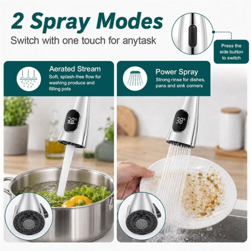 Kitchen Sink Faucet Sprayer  Replacement, LED Temperature Sensitive Display Pull Down Pull Out Faucet Nozzle, 1pc 2