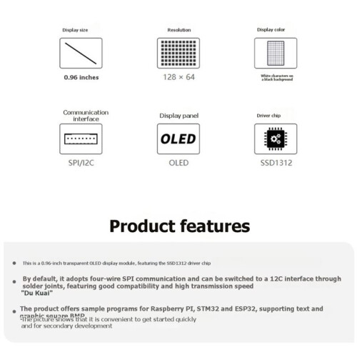 0.96" Transparent OLED Display Module for Raspberry Pi SSD1312 Driver SPI/I2C Interface with Expansion Board 1