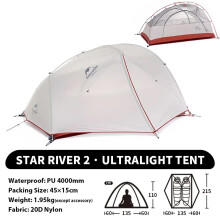 Naturehike Tente Star-River, 2 personnes, 4 saisons, imperméable, double couche, gris