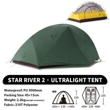 Naturehike Tente Star-River pour 2 personnes, Imperméable, 4 Saisons, Double couche, Vert armée, 210T