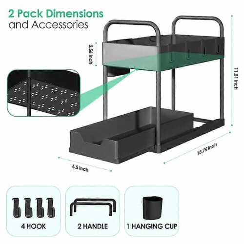 Two-layer kitchen storage rack with pull-out drawers, suitable for cabinet storage in kitchens and bathrooms. Black 1