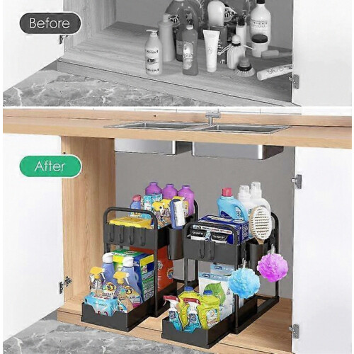 Two-layer kitchen storage rack with pull-out drawers, suitable for cabinet storage in kitchens and bathrooms. Black 2