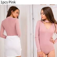 (Pink,L)Tight Women Blouse Polyester Material Solid Color V Neck Jumpsuit Sleeves Long