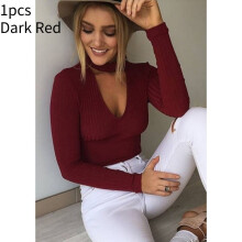 (Dark Red,L)Tight Women Blouse Polyester Material Solid Color V Neck Jumpsuit Sleeves Long