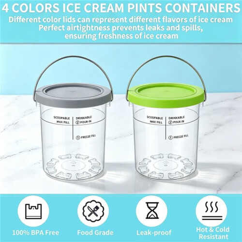 2PCS Ice Cream Pints Cups for  NC501 Series Replacement Freezer Containers Storage Jars with Lids with Handle B 2