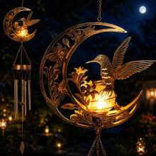 Metal Hummingbird Moon Solar Light with Wind Chime, Outdoor LED Solar Lamp, Waterproof Hanging Garden Decor Light with S-Hook, Solar Wind Chime Decora
