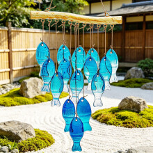 Glass Wind Chimes, Wind Chimes for Garden, Blue Wind Chime for Patio Hanging Decoration, Fish Wind Chime Outdoor Gardon Windchimes Porch Balcony Hangi