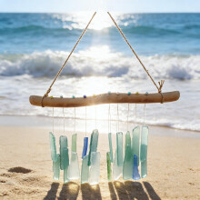 Natural Sea Glass Wind Chime with Driftwood, Handmade Bohemian Style Garden Decor for Outdoor Indoor, Peaceful Melody