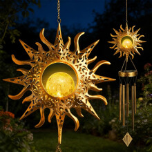 Solar Sun Light Wind Chimes for Outside - LED Sun Garden Night Lights, Waterproof Crackle Glass Ball Wind Chimes, Outdoor Patio Decor, Solar Light for