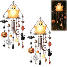 Glow in The Dark Ghost Halloween Wind Chime, Haunted Glow Ghost Wind Chime with Lighted Ghosts, Pumpkin Bat Cat Moon Decor Halloween Outdoor Hanging D