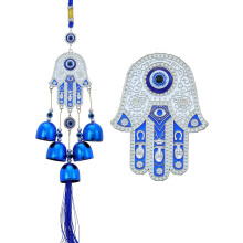 Yebon Handcrafted Blue Evil Eye Wind Chimes - Hamsa Hand Metal Hanging Ornament with 5 Bells, Boho Home & Garden Decor, Protection Amulet Gift (44cm)