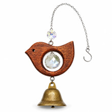 LANQEAOR Wooden Bird Wind Chime, 1 Pc Hanging Suncatcher with Crystal-Style Prism, Metal Bell and Chain Hook, Vintage Bird Window Decoration for Garde